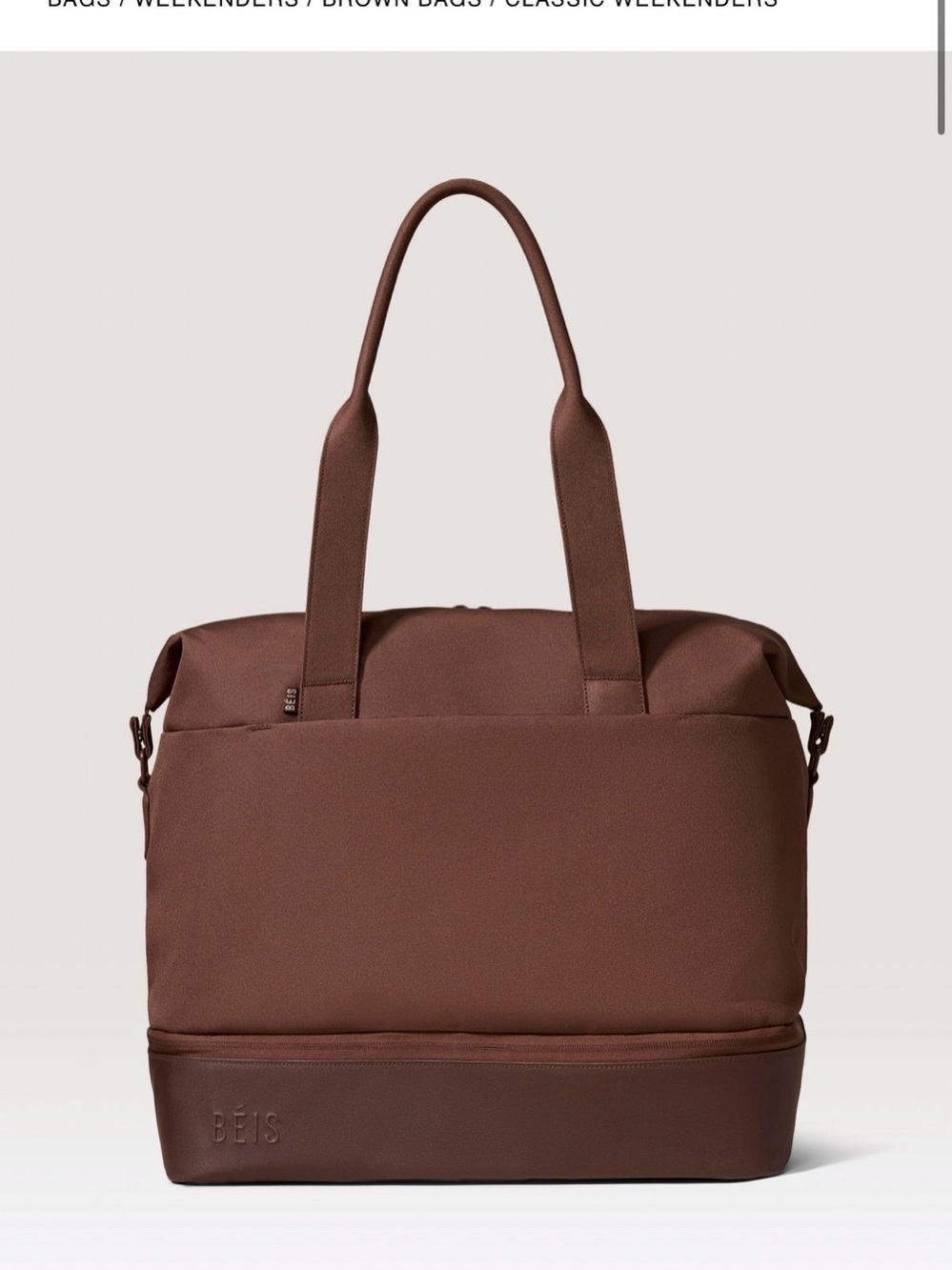 The Beis Weekender Bag in Maple + Limited Ed red cosmetic case